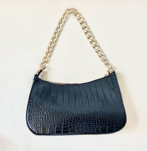 Faux Croc Chain Handbag (Black)
