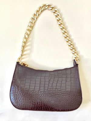 Faux Croc Chain Handbag (Brown)