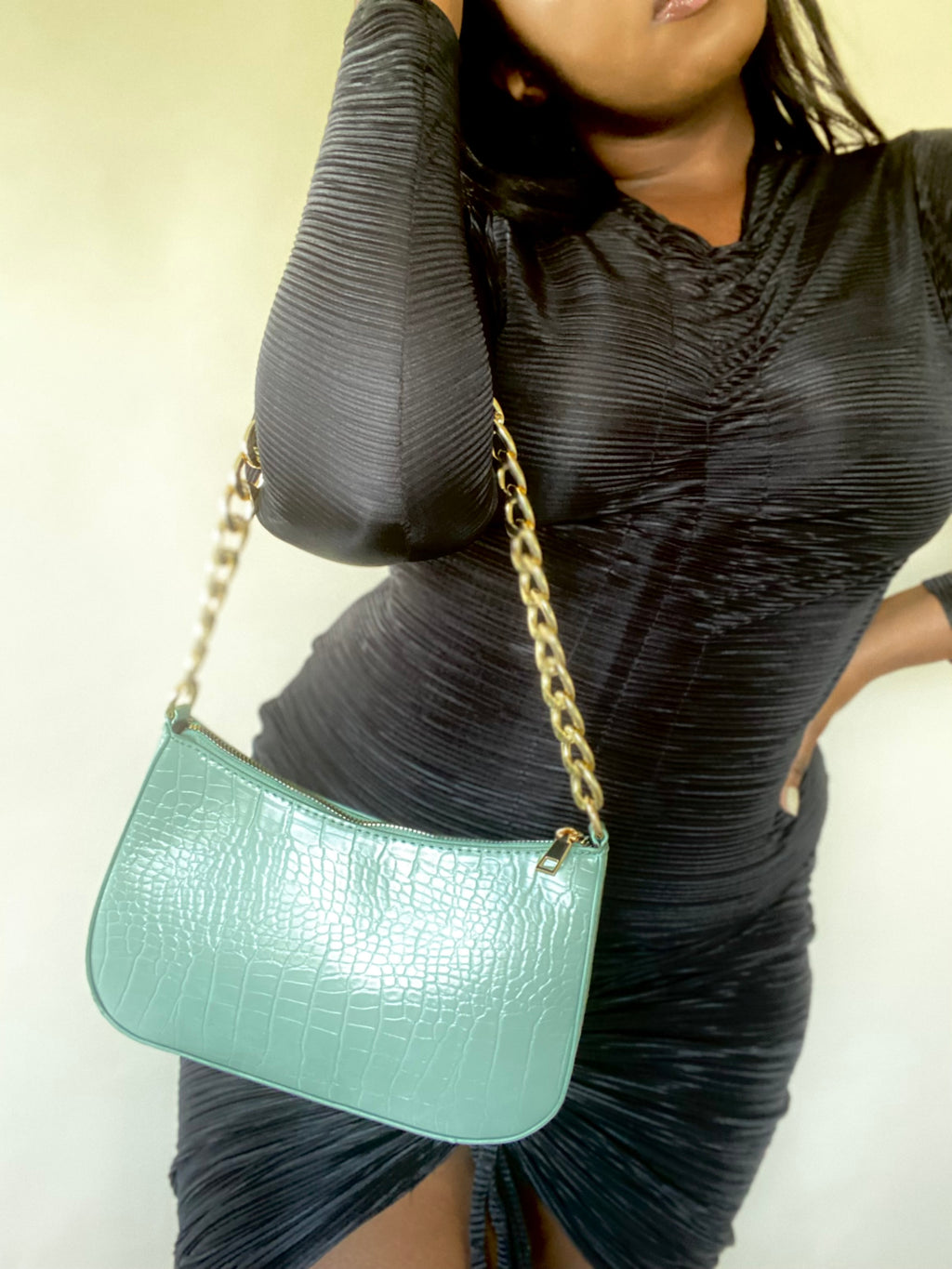 Faux Croc Chain Handbag (Sage Green)